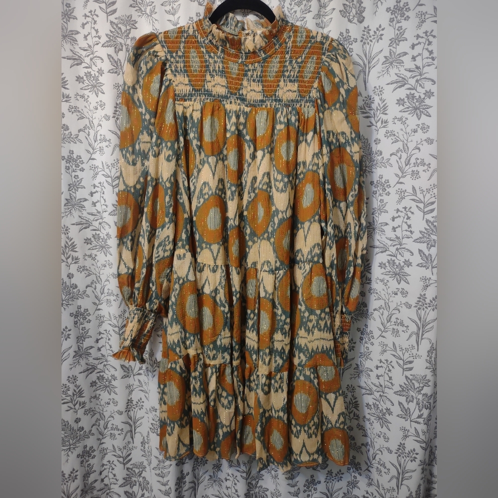 Ulla Johnson Orange and Blue Patterned Long Sleeve Dress